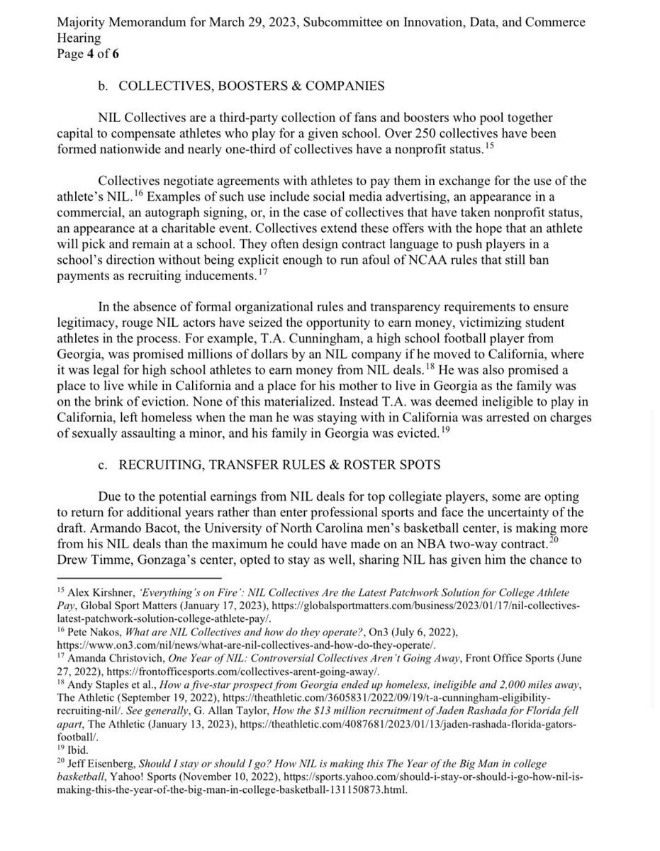 WinterSportsLaw's tweet photo. Not that those are are paying attention didn’t already know, but the memo for tomorrow’s congressional hearing makes clear that the effort to pass a federal #NIL law is an effort to restrict athletes’ ability to monetize their NILs. https://t.co/huUboS2faP