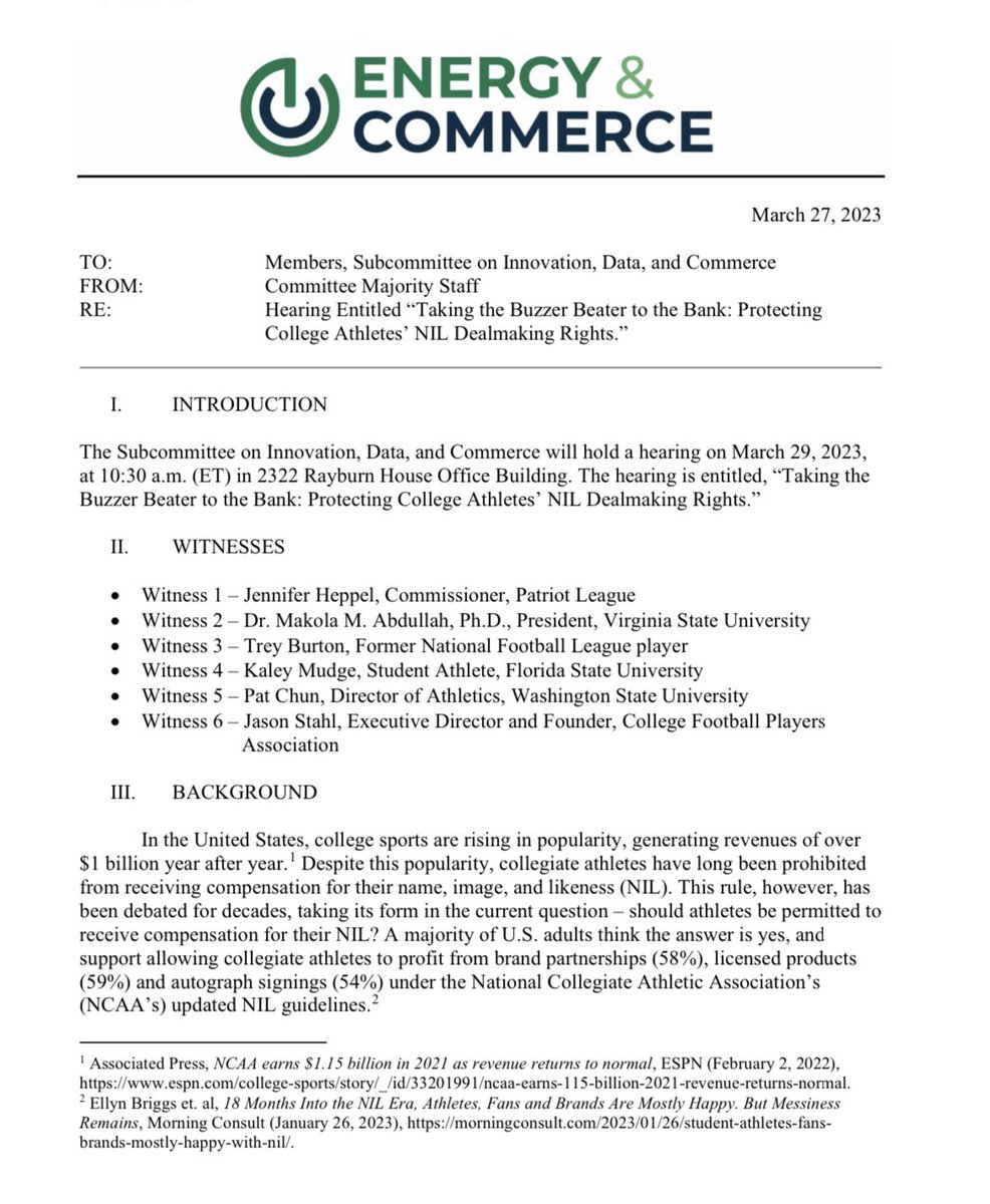 WinterSportsLaw's tweet photo. Not that those are are paying attention didn’t already know, but the memo for tomorrow’s congressional hearing makes clear that the effort to pass a federal #NIL law is an effort to restrict athletes’ ability to monetize their NILs. https://t.co/huUboS2faP