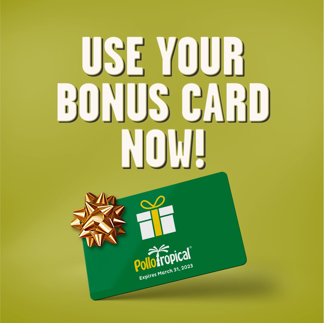 pollotropical's tweet photo. #PolloNation, did you receive a #PolloTropical bonus Guest Appreciation Card during the holidays? Heads up …the promotional value on these cards is valid only through Friday, March 31, 2023. So, go online or come on in and enjoy all your Pollo favorites! 💰💵 https://t.co/l5EG28j0m0