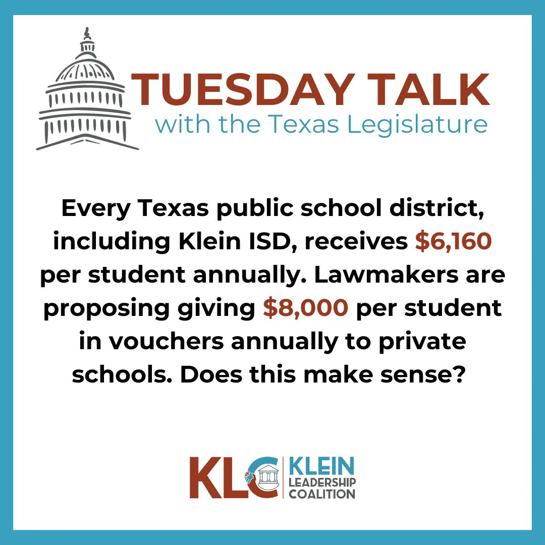 KleinISD's tweet photo. Every TX public school district, including Klein ISD, receives a basic allotment of $6,160 per student annually. Lawmakers are proposing giving $8,000 per student in vouchers annually to private schools. Does this make sense? Contact your representatives: https://t.co/OEaWD7MXUB https://t.co/ACbndWBB7N