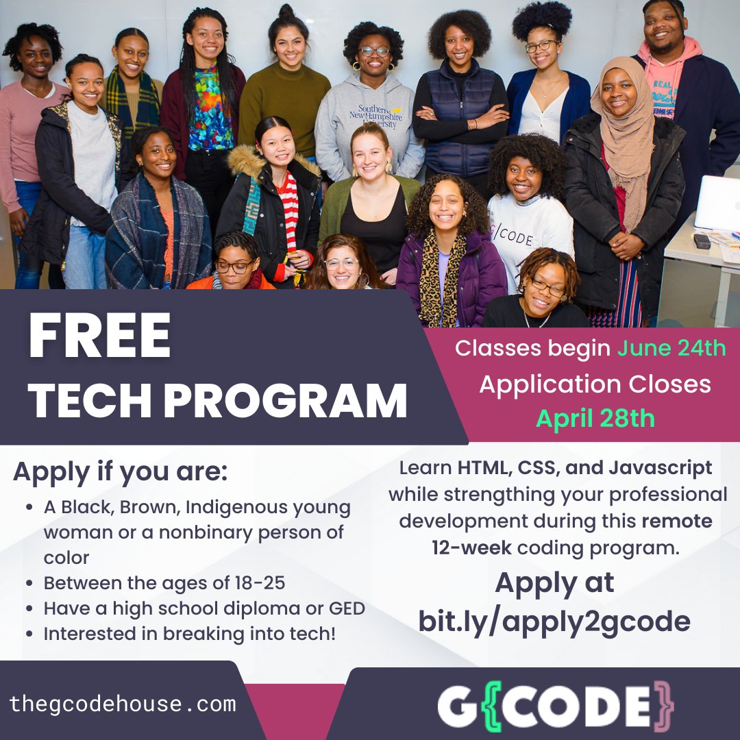 Only one month until applications close for Summer 2023 cohort! Don't wait to start your career in tech. Apply today at bit.ly/apply2gcode

#womenintech #nonbinaryintech #softwaredeveloper #coding #GCode