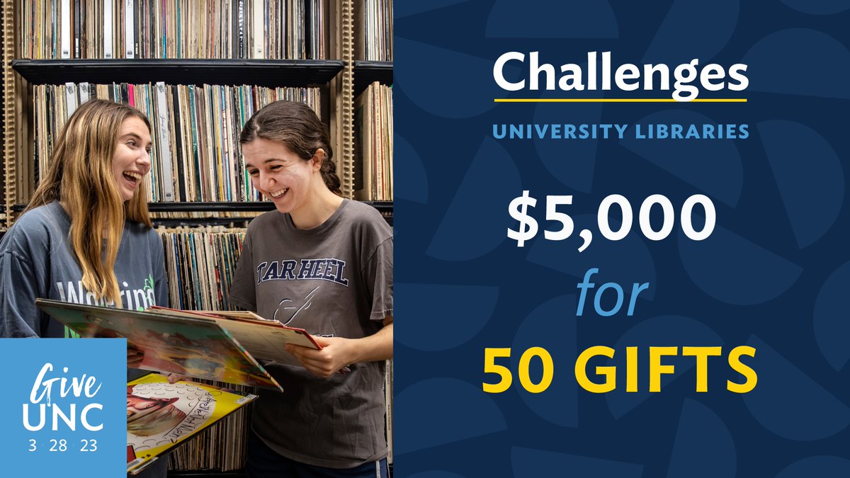 Today, challenges offered throughout the day can maximize the impact of your gift. Once 50 gifts are made to the University Libraries, a $5,000 challenge gift from Carolina parents Alfred T. Hamilton III ’94 and Braden Davis Hamilton will be unlocked. go.unc.edu/GiveLib2023T