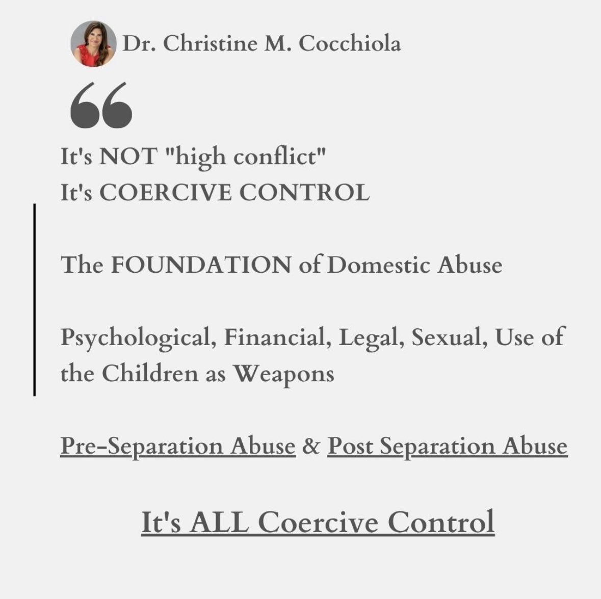 #familycourt needs to stop using the term “high conflict” it insinuates that each party is equally contributing to the problems and that it’s a communication problem between parties.  Call it what it is, #coercivecontrol by a partner which is #DomesticAbuse #kilmerclassaction