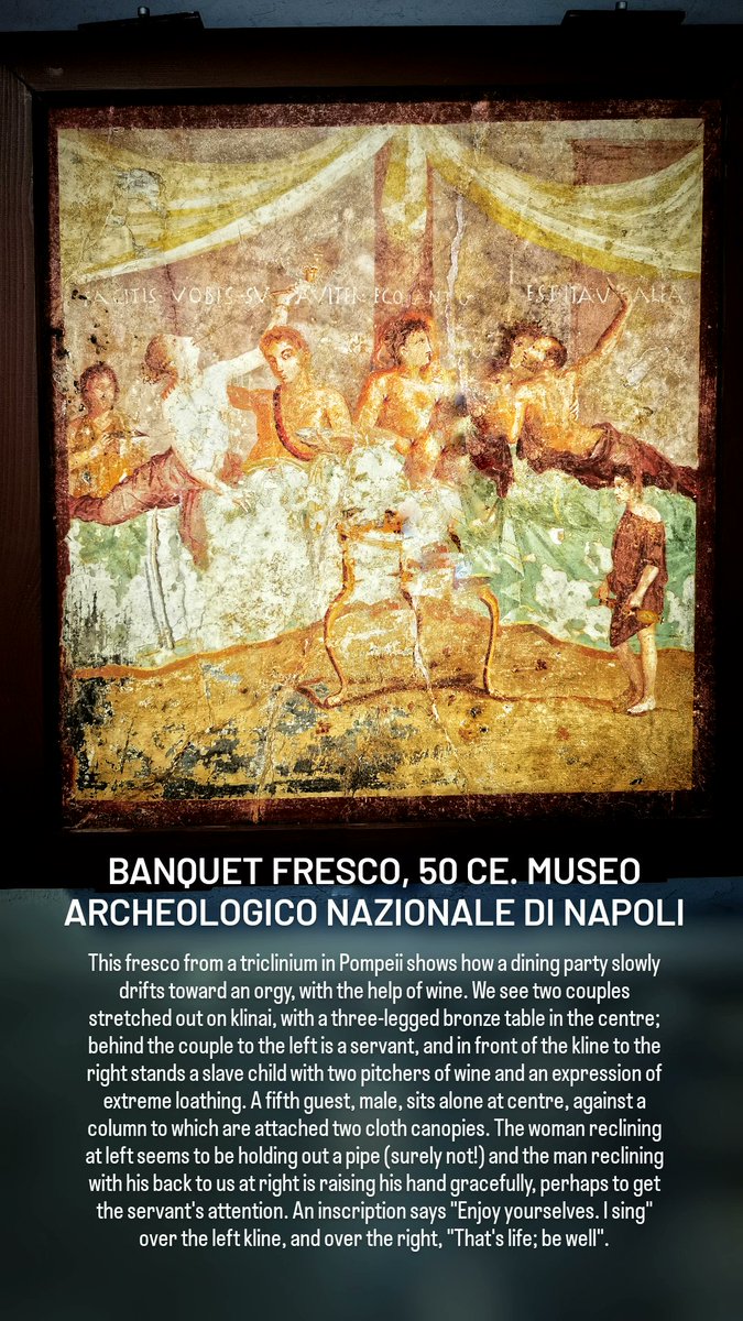 antmoose's tweet image. This #EpigraphyTuesday let's eat, drink, and be merry. The volcano won't be erupting for a few decades, but this #Epicurean scene has strong "Last Days of #Pompeii" energy. The inscription with its cheerful message looks to have been part of the original design. #Rome #Naples