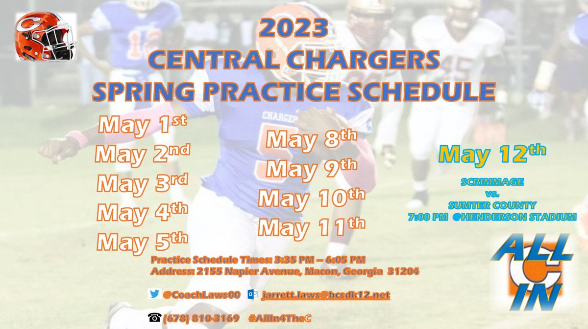Central Macon HS Spring Practice Dates! Make a date to see what we're building on Napier Ave. in the heart of Georgia! <a href="/CoachLaws00/">Jarrett Laws</a> <a href="/coachgrooms/">Grooms Director of Athletics, CMAA</a>  #AllIn4TheC
