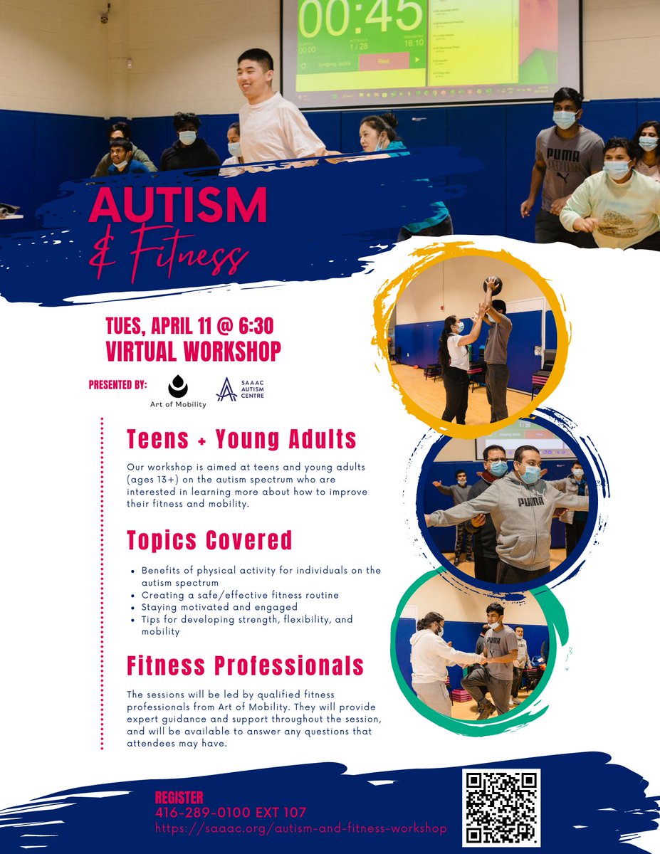 thesaaac's tweet photo. Join our upcoming virtual fitness workshop with qualified fitness pros from Art of Mobility. Learn practical tips for developing a fitness routine, staying motivated, and improving mobility.
Register here: https://t.co/xpbOYrKzSm
#autismfitness #autismworkshop #HealthyLiving https://t.co/jrg7pM2rQ7