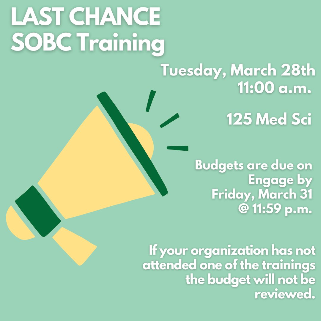 Last Chance for SOBC training is Tuesday, March 28 at 11:00 a.m.  125 Med Sci
Organizations not attending a training will not have a budget reviewed. Budgets are due on Friday, March 31.