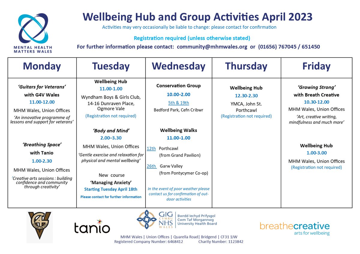 MHMWales's tweet photo. 🗣️Our activity calendar for April is now live! Please call us to find out more information or to book your place. #activities #mhservices #wellbeing #bodyandmind #artsandcrafts #greentherapy #musictherapy #conservation #mindfulness #relaxation @CreativeBreathe @tanio_cymru https://t.co/6dDlsIOPsC