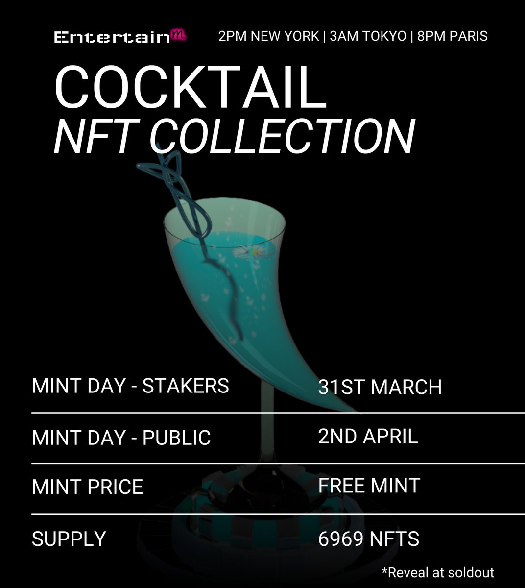 entertainm_io's tweet photo. Cocktail day is almost here!🍸

🎉A party featuring DJ @48hz will take place at the same time so we can all celebrate this moment!

🚨IMPORTANT INFO:

👉‍ ONLY holders of MNC Cocktail FREE MINT ticket can mint

👉 STAKERS will be able to mint starting with 31st of March (48hrs window) & everyone else will be able to mint starting with 2nd of April

👉‍Reveal of the cocktails will take place at SOLDOUT

👉mBar and all cocktails features will be available after reveal is done

👉All MNC Cocktails will be automatically added to mBar. This is not a staking contract

💎Read more about Cocktails Free Mint NFT Collection here: https://t.co/D48Tv29rbh

#EntertainM #FreeMint #NFTCommunity #NFTProject