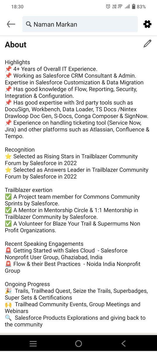 LovNaman's tweet image. If you search about me on @LinkedIn this is what you find.
@LinkedInIndia profile is a great way of showing what you have achieved in your life.

These are some of my @salesforce &amp;amp; @trailhead achievement in my #Journey2Salesforce 

Thank you all the #TrailBlazers for your support