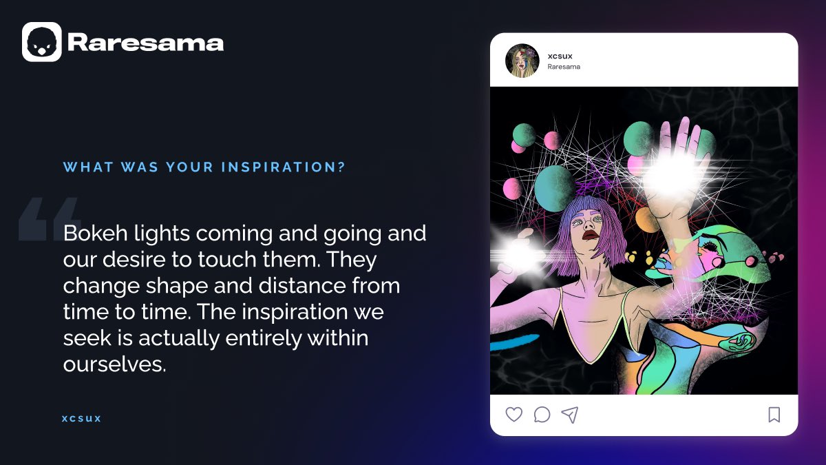 RaresamaNFT's tweet photo. Raresama Weekly Spotlight 💡

This week we are featuring one of our new artists on @RaresamaNFT @xcsux_ !

Here is her latest artwork, along with her inspiration behind this piece. 

Live on Auction ⬇️
https://t.co/Pm6cKMcsKW https://t.co/WCaxLcaNzt