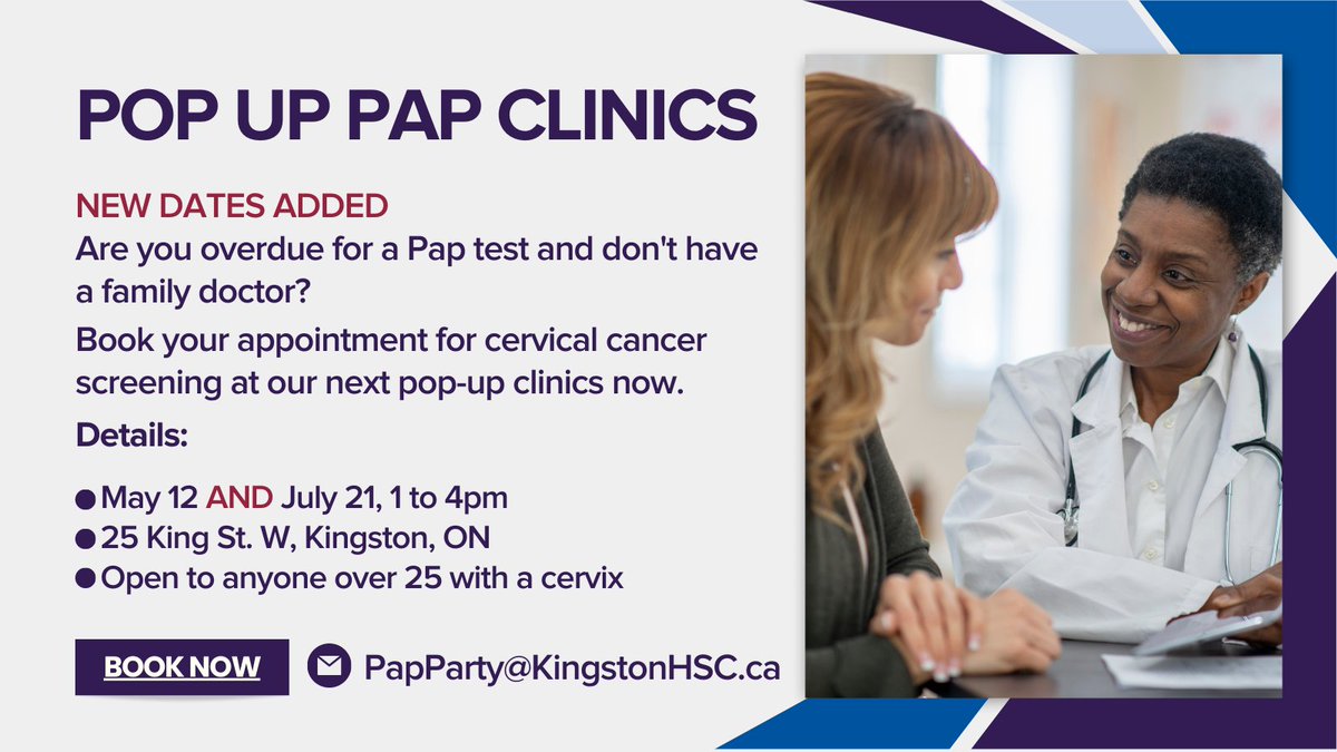 NEW DATES ADDED: Are you overdue for a Pap test &amp; don't have a family doctor? We are booking appointments for a May 12 AND July 21, 1-4pm Pap clinic at our #KGH site. Open to those over age 25 with a cervix.  bit.ly/3yKwyow
#YGK #cancer #screening