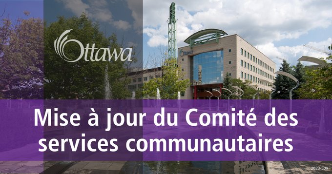 Illustration sur laquelle on aperçoit l’hôtel de ville d’Ottawa à l’arrière-plan. Au premier plan figurent un trait gris vertical et un trait violet horizontal. L’inscription « Mise à jour du Comité des services communautaires » est au centre.