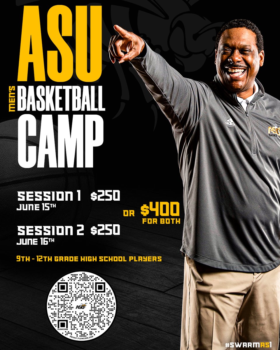 Alabama State MBB (@bamastatembb) on Twitter photo Registration is now open for <a href="/BamaStateMBB/">Alabama State MBB</a> camps! Scan the QR code for more information or to register!
#IAMSWAC | #SWARMAS1 Registration is now open for <a href="/BamaStateMBB/">Alabama State MBB</a> camps! Scan the QR code for more information or to register!
#IAMSWAC | #SWARMAS1