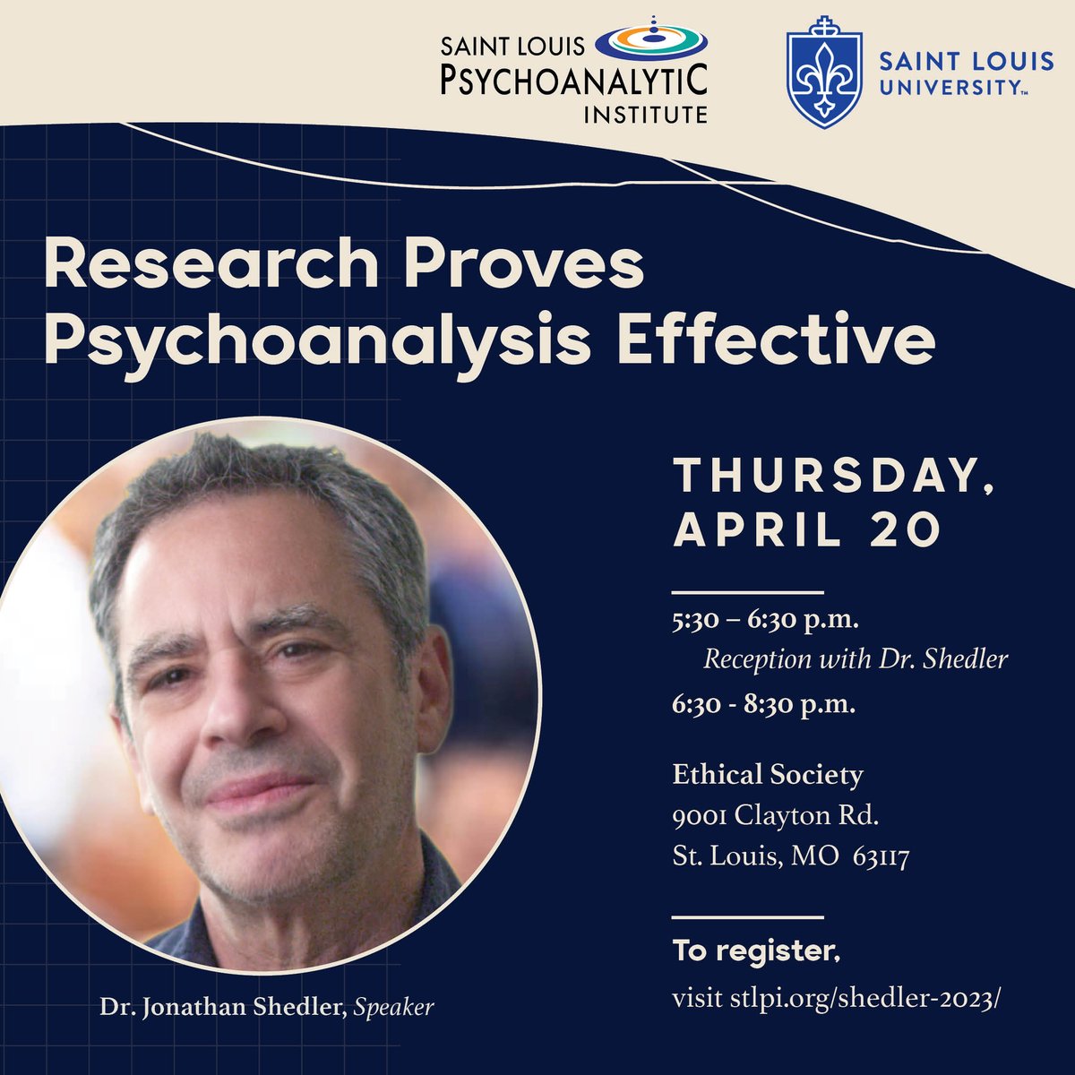 stl_pi's tweet photo. St. Louis Psychoanalytic Institute and St. Louis University's Department of Psychiatry and Behavioral Neurosciences are excited to welcome Dr. @JonathanShedler on Thursday, April 20th at the Ethical Society!
#psychoanalysis #JonathanShedler #psychodynamic #psychotherapy #stlpi https://t.co/rYO7dMMhG9