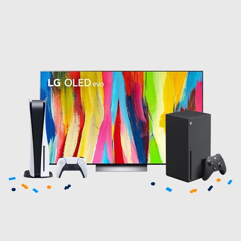 Photo of a PlayStation 5 Console, Xbox Series X Console, and a LG C2 Series 65-Inch Class OLED evo Smart TV with confetti around the base of the items.