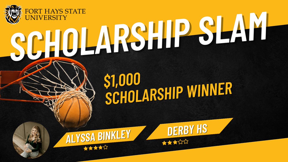 fhsuadmissions's tweet photo. Congratulations to Alyssa Binkley from Derby High School! She's our first Scholarship Slam winner. You still have time to enter to win, apply for admission by April 7th. Check out our TikTok video for more details. https://t.co/FkQ22bC3mz Shoot your shot today! https://t.co/RNRGFfPxq5