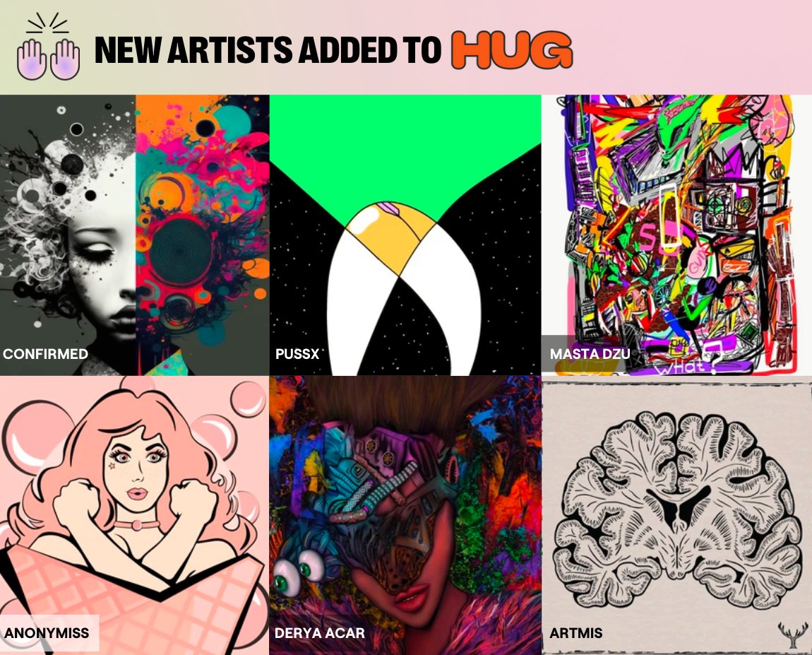 Congratulations to the latest artists curated by our community and added to HUG 🎊

<a href="/confirmed_art/">confirmed  NFT.NYC2025</a>
@dr3esign
<a href="/MastaDzu/">Masta Dzu.eth</a>
<a href="/anonymissNFT/">anonymissNFT</a>
<a href="/_deryaart/">Derya Acar | NFT.NYC 2024</a>
<a href="/ArtMis_eth/">ArtMis.eth 🔮</a>

Welcome! We can't wait to see how you customize your profiles. Check your emails for instructions 🤗✨