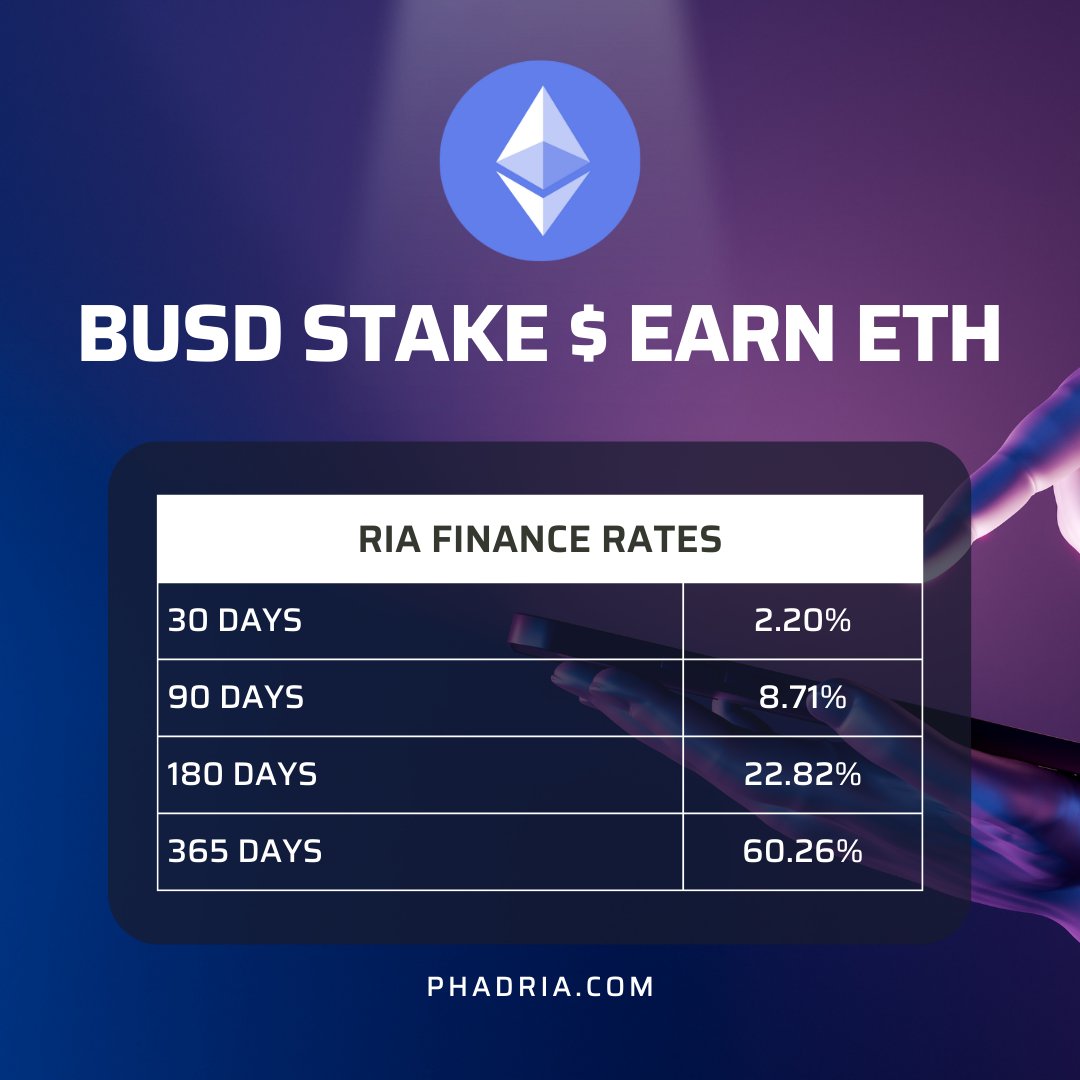 BUSD STAKE $ EARN ETH 💰

30 days - 2.20% 🔥

90 days 8.71% 🔥

180 days - 22.82% 🔥

365 days - 60.26 🔥

riastake.com

#riacoin $ria #phadria #riastake #staketoearnbusd #earnbusd #CoinGecko #CoinMarketCap #CG #CMC