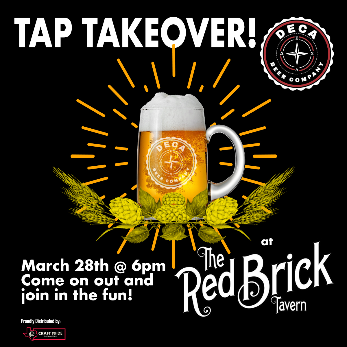 DECA Beer Company tap takeover at The Red Brick Tavern tonight! Come out to 119 Simonton St, Conroe and enjoy delicious craft beer #decabeerco #taptakeover #craftbeerlove #conroetx #redbricktavern #CraftPrideDistributors #houstoncraftbeer #texascraftbeer <a href="/DecaBeer/">DECABeer</a> <a href="/RedBrickTavern/">The Red Brick Tavern</a>
