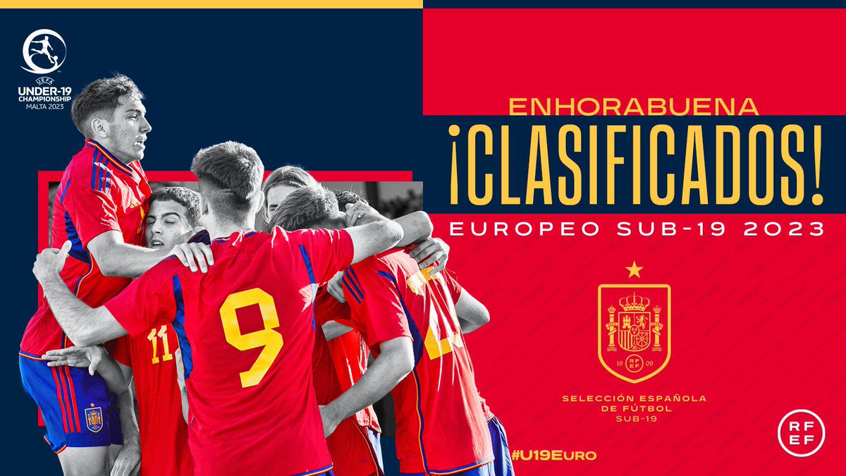 Luis Basteiro (@luisbasteiro) on Twitter photo 💥 ÚLTIMA HORA | La <a href="/SEFutbol/">Selección Española Masculina de Fútbol</a> Sub-19 clasificada para el Europeo de 2023
🏆 Fase Final
📆 Del 3 al 16 de julio
📍 Malta
#U19EURO 💥 ÚLTIMA HORA | La <a href="/SEFutbol/">Selección Española Masculina de Fútbol</a> Sub-19 clasificada para el Europeo de 2023
🏆 Fase Final
📆 Del 3 al 16 de julio
📍 Malta
#U19EURO