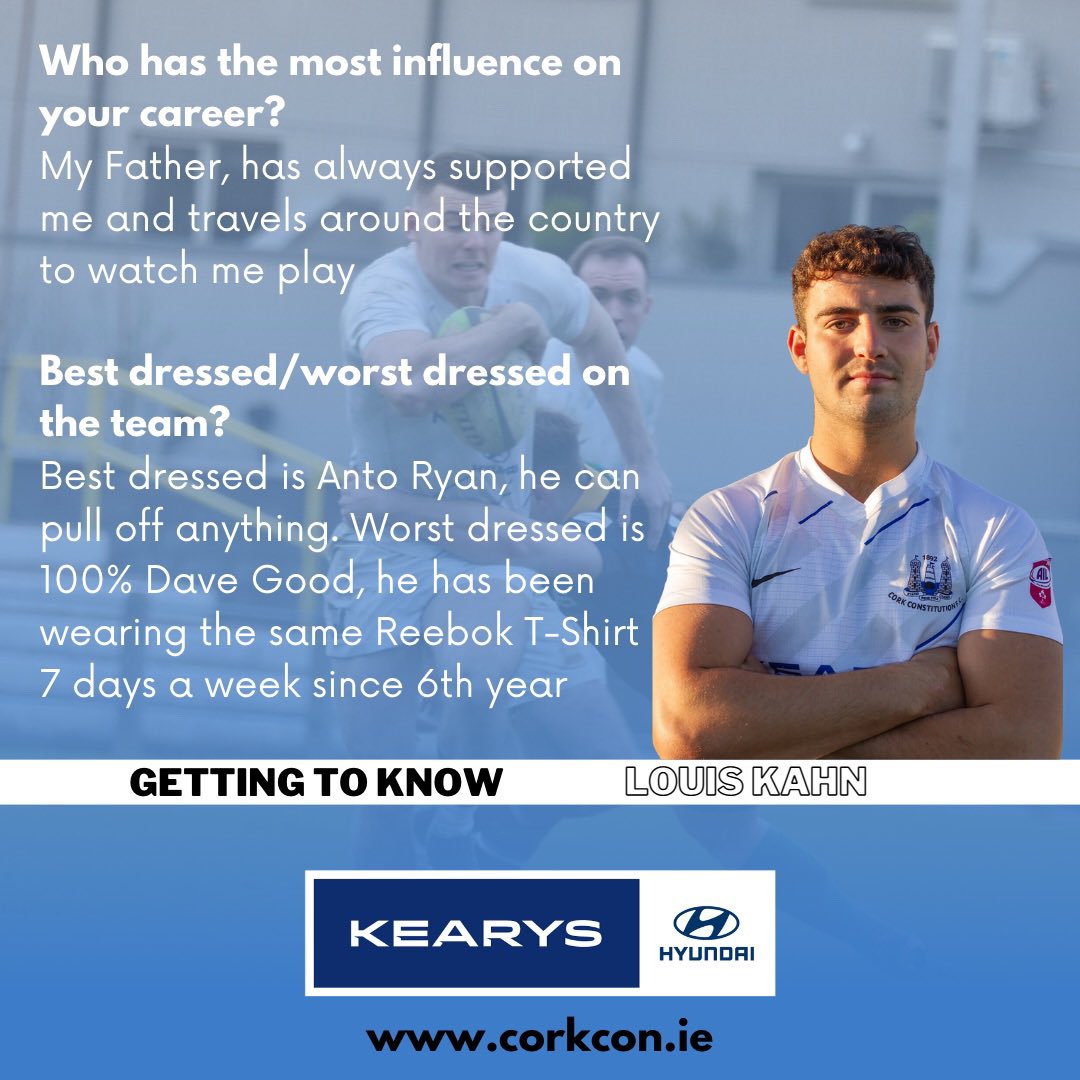 CorkConRugbyFC's tweet image. 𝐆𝐄𝐓𝐓𝐈𝐍𝐆 𝐓𝐎 𝐊𝐍𝐎𝐖... 𝐋𝐎𝐔𝐈𝐒 𝐊𝐀𝐇𝐍 👋🏻
This week we get to learn more about Louis Kahn! 
Swipe ➡️ to learn more about the Scrum Half.  
#GettingToKnow #CorkCon #PositiveEnergy #IrishRugby #Rugby
