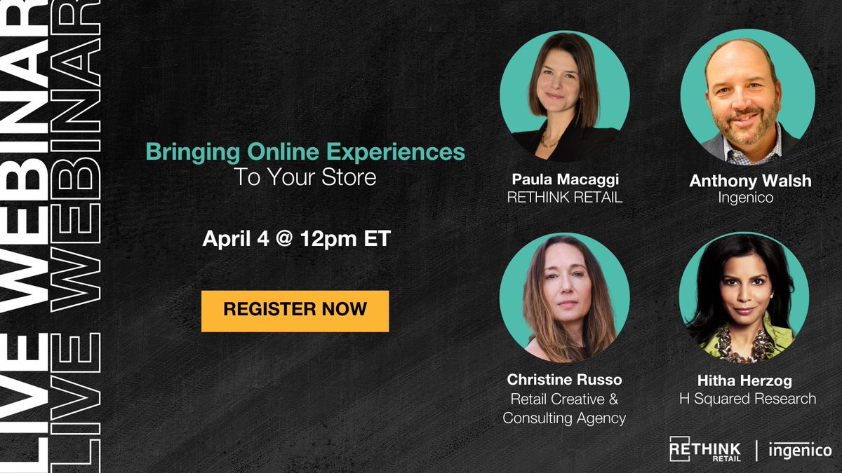RETHINK_Retail's tweet image. Today’s digital-first consumers expect convenient, personalized and frictionless #online &amp;amp; #instoreexperiences. 

Register now for #RETHINKRetail's latest webinar on April 4 at 12:00pm EST to learn how #retailers can create online experiences in-store.

bit.ly/3YMXPB6