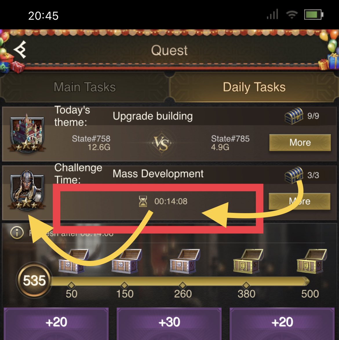 Sergiomatic's tweet photo. @RiseofEmpire_EN Great ad-ons btw, xpecially the CoP in that interface makes the event more engaging &amp; in focus. However i suggest the ff;
⁃the 3 reward chest for hourly should be in the area of the timer for quick taps to claim
⁃The hourly timer could be moved beneath the icon of troop. https://t.co/guN0rA0NrT