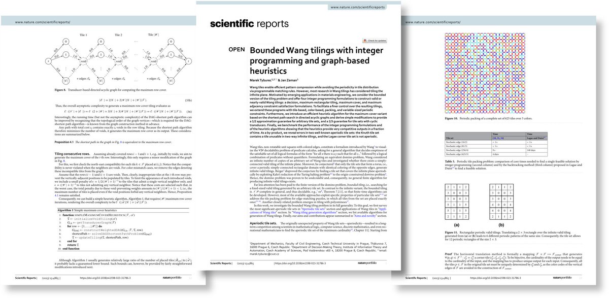 In the last paper from <a href="/MarekTyburec/">Marek Tyburec</a>'s thesis, we develop integer programming techniques and graph heuristics to cover finite domains by Wang #tiles and, e.g., simplify Donald Knuth’s set from “The Art of Computer Programming.” <a href="/SciReports/">Scientific Reports</a>  #GACR_EXPRO nature.com/articles/s4159…