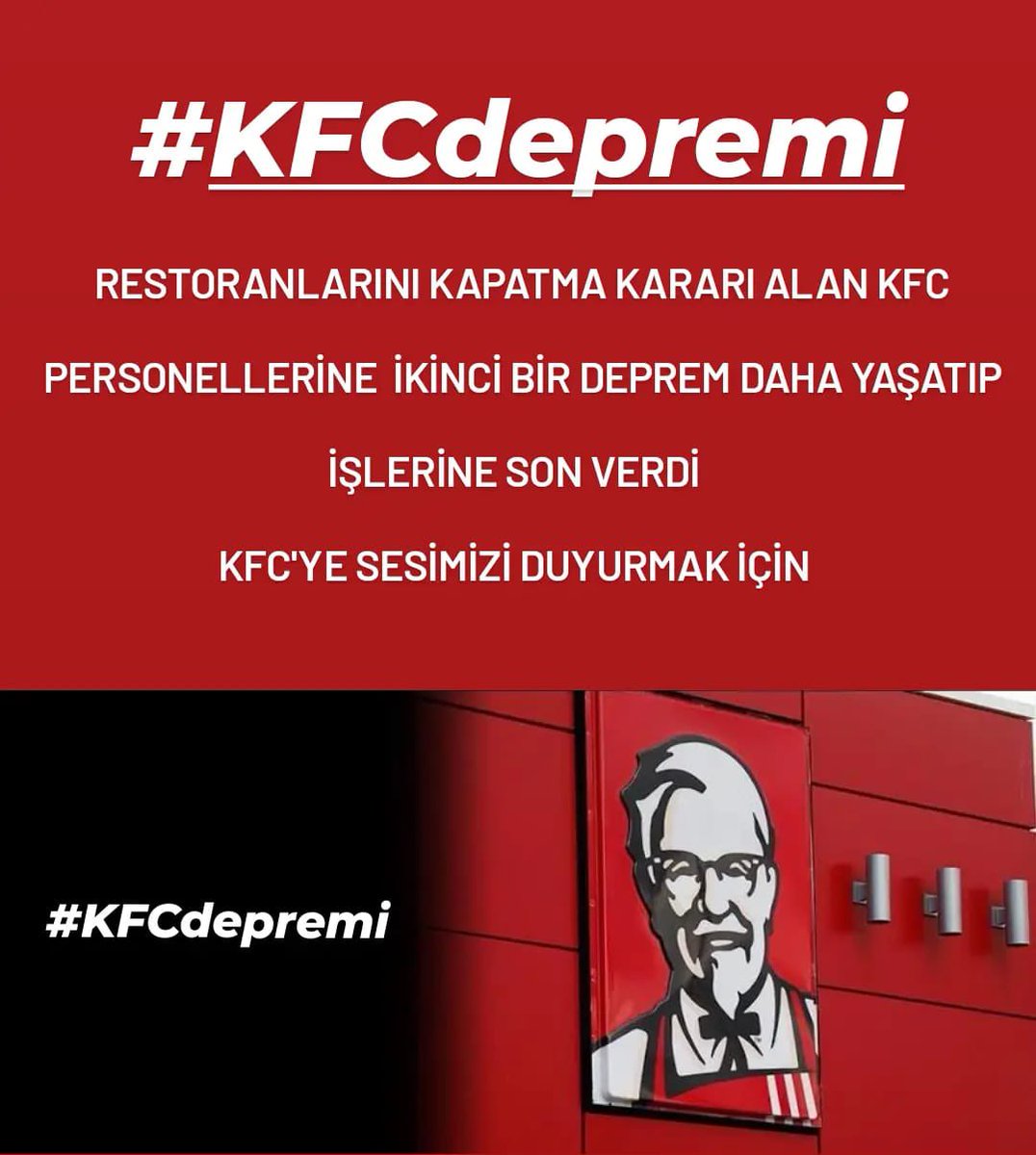 TipEmek's tweet photo. Restoranlarını kapatma kararı alan @kfcturkiye personellerine ikinci bir deprem daha yaşatıp işlerine son verdi.
Kalanların ne maaşı ödeniyor ne de SGK çıkışları olmadığı İçin iş bulabiliyorlar.
Deprem bölgesindeki emekçilerin yanlarında olacağız #KFCDepremi https://t.co/K3wRQjZWK8