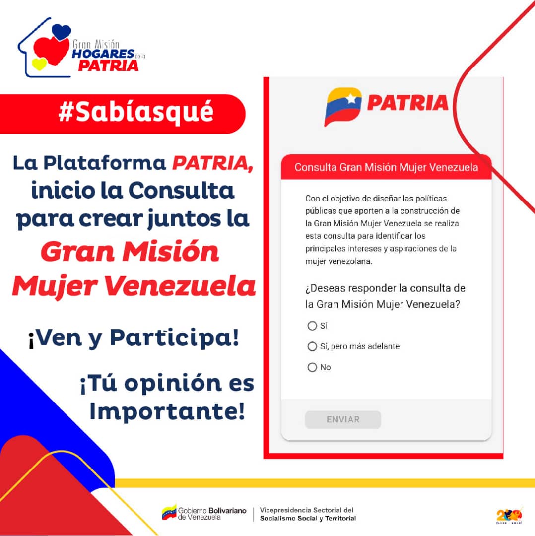 #Sabías qué 📢 La Plataforma de Patria, inició la Consulta para crear juntos la Gran Misión Mujeres Venezuela. ¡Ven y participa! ¡Tú opinión es importante! #DuroContraLaCorrupción @NicolasMaduro @d_guzmanl