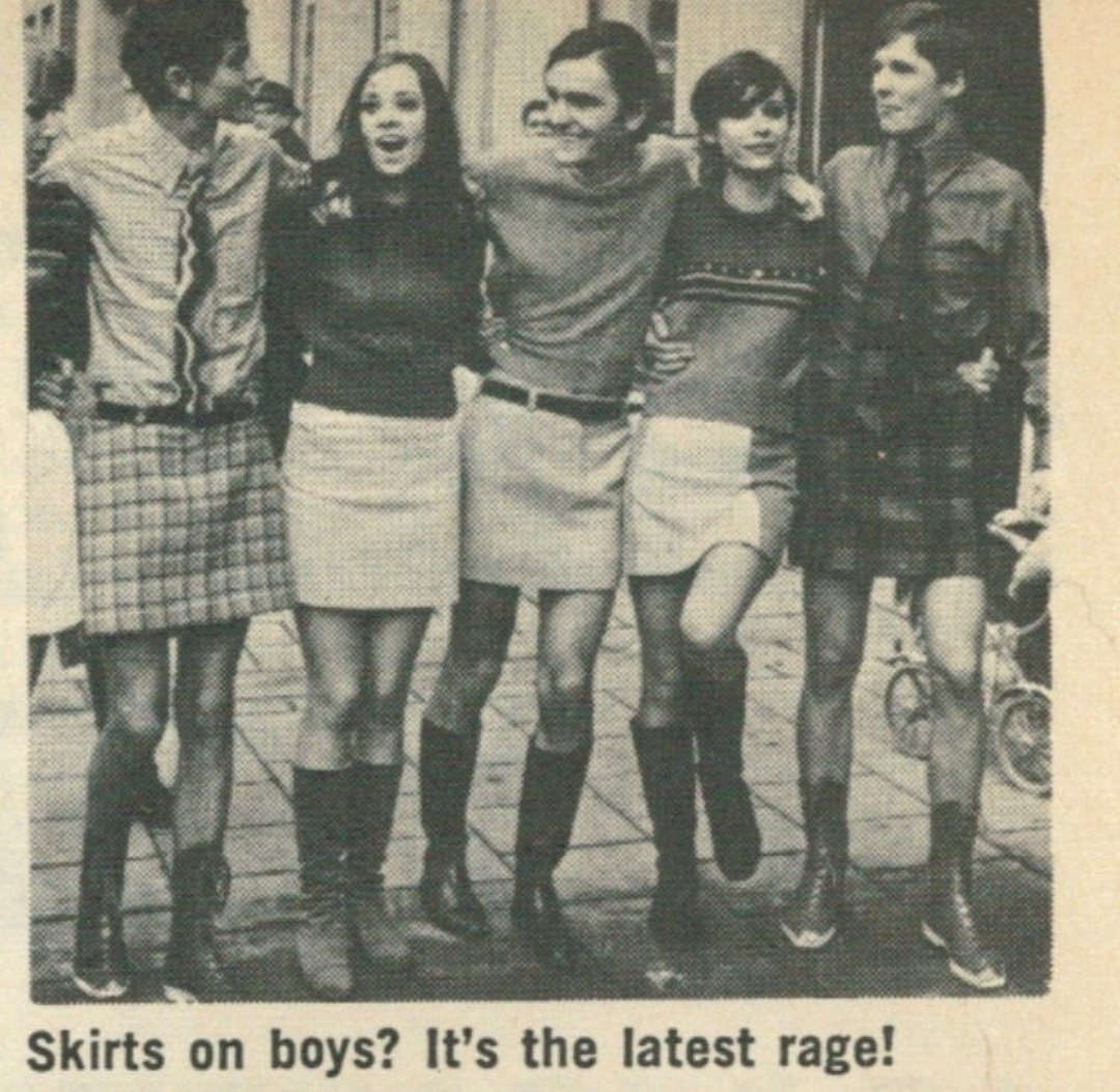 “The rage in Germany is skirts on fellas (don’t knock it, girls, the Romans wore ‘em and looked quite groovy)” From 16, November 1967