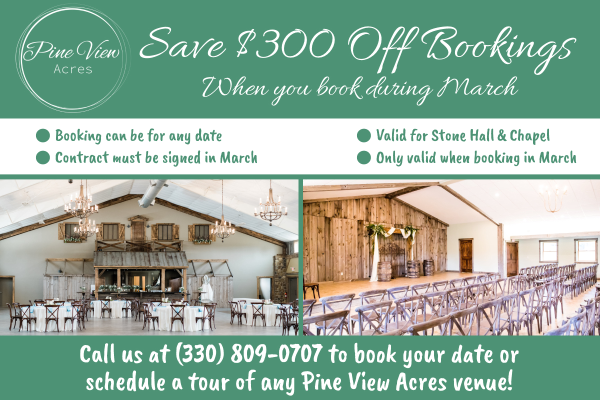 PineViewAcres's tweet photo. There's still a few days left to take advantage of this offer!

When you book the Stone Hall or Chapel in March (for events on any future date), you'll save $300 off the total cost. Don't miss out! https://t.co/KH3NCzeUjm