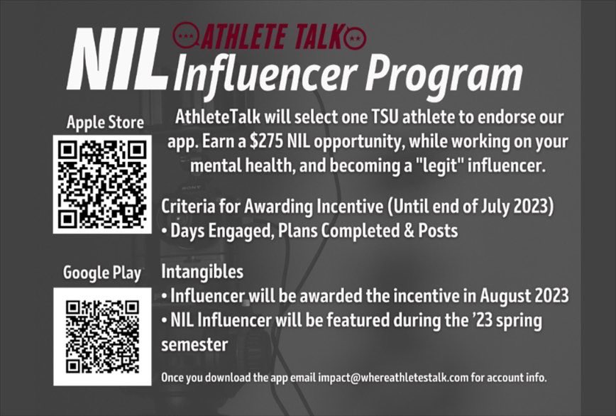 TXSUACADEMICS's tweet photo. As we enjoy mental health day across campus, we encourage our athletes to use our Mental Health Platform via our partners over at Athlete Talk. Did you know that you guys could get an NIL deal as an Athlete Talk Ambassador 🤔👀? Scan the code in the photo to get going #TSUProud https://t.co/aGTRzlzQZ6