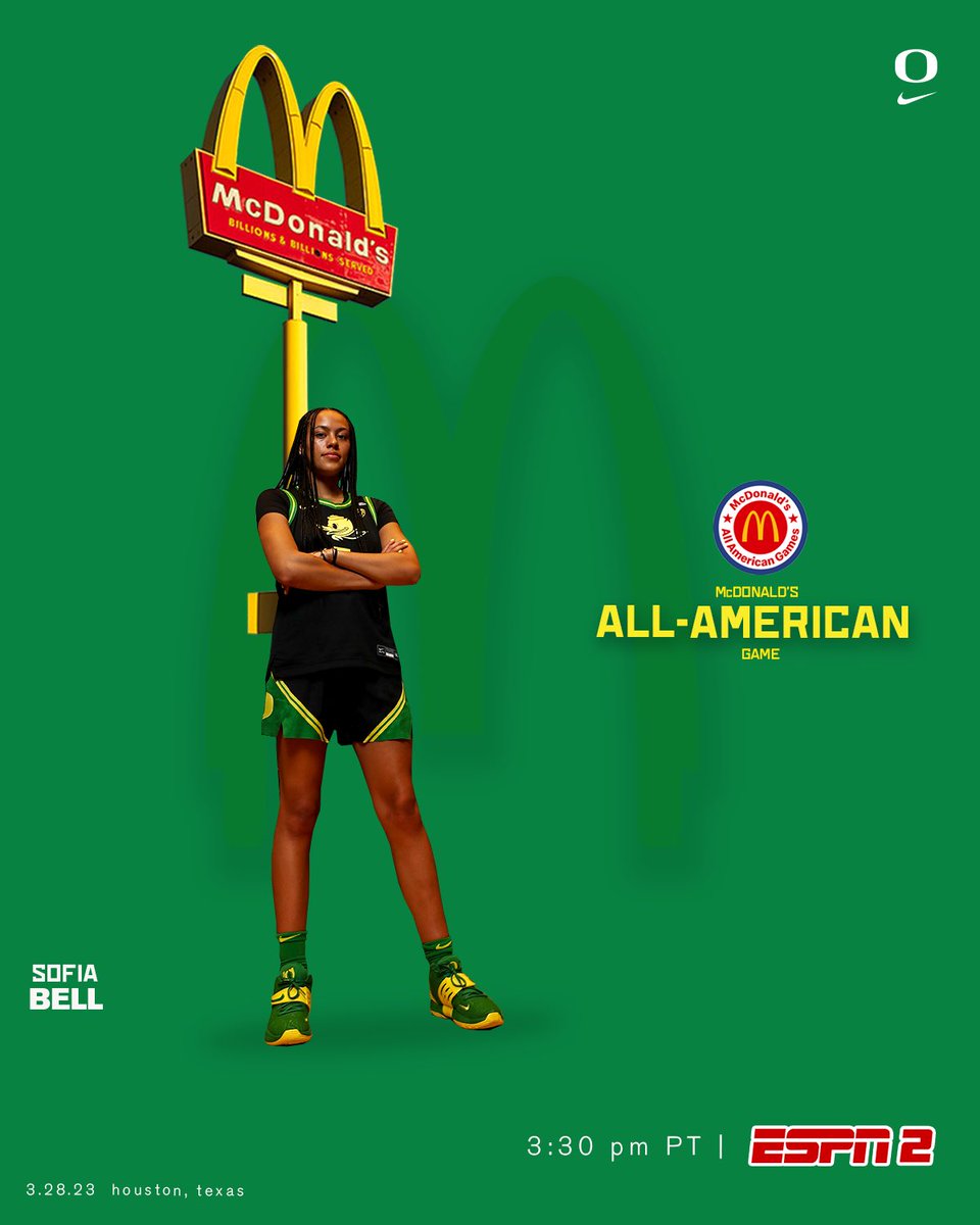 Our 🍔 girl! Catch incoming freshman Sofia Bell in the McDonalds All-American Game today on ESPN2 at 3:30 pm PT #GoDucks | @McDAAG