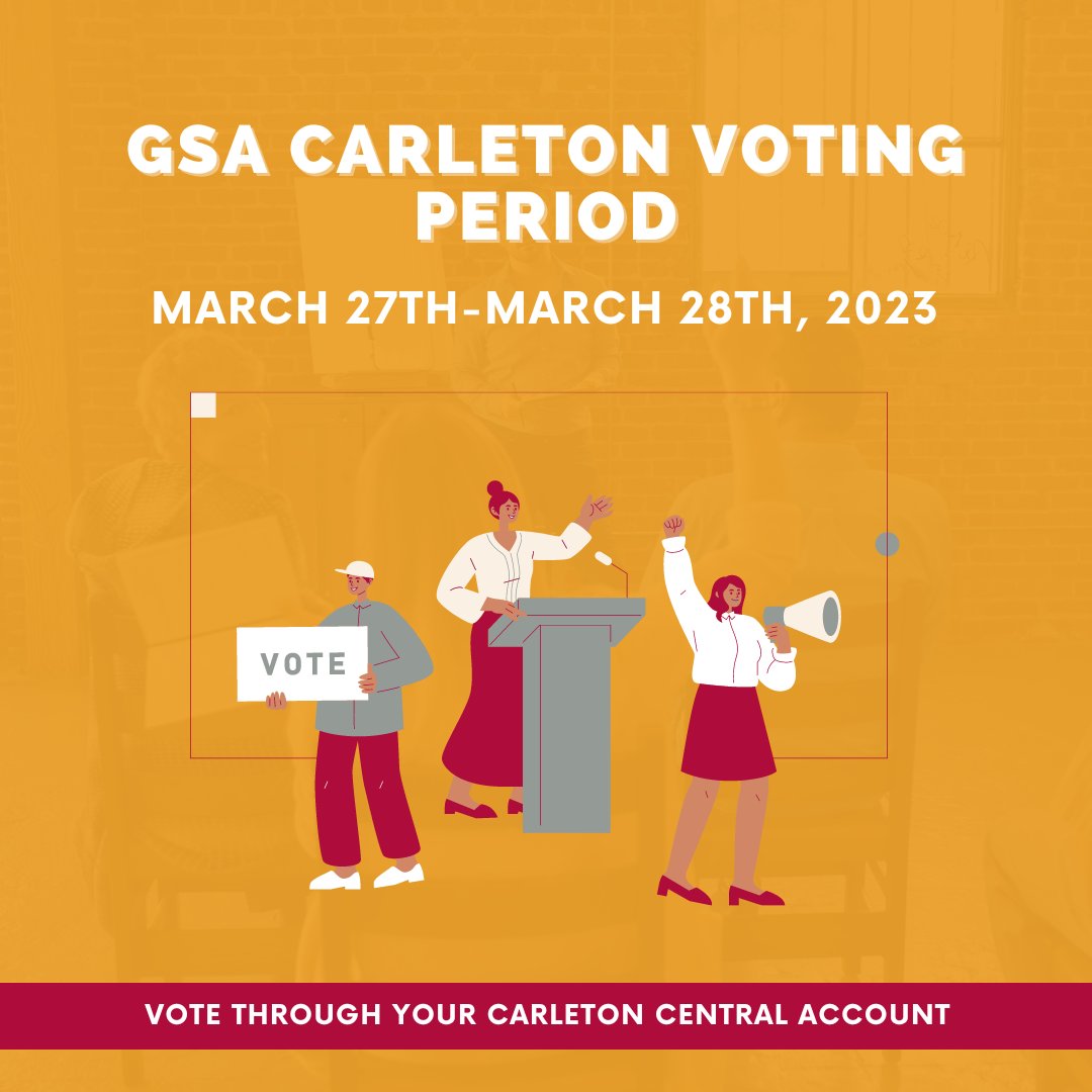 Make sure to vote for the 2023/2024 GSA Executive Team today! Want a refresher on who is running? Take a look here! gsacarleton.ca/gsa-executives… Vote through your Carleton Central Account.
