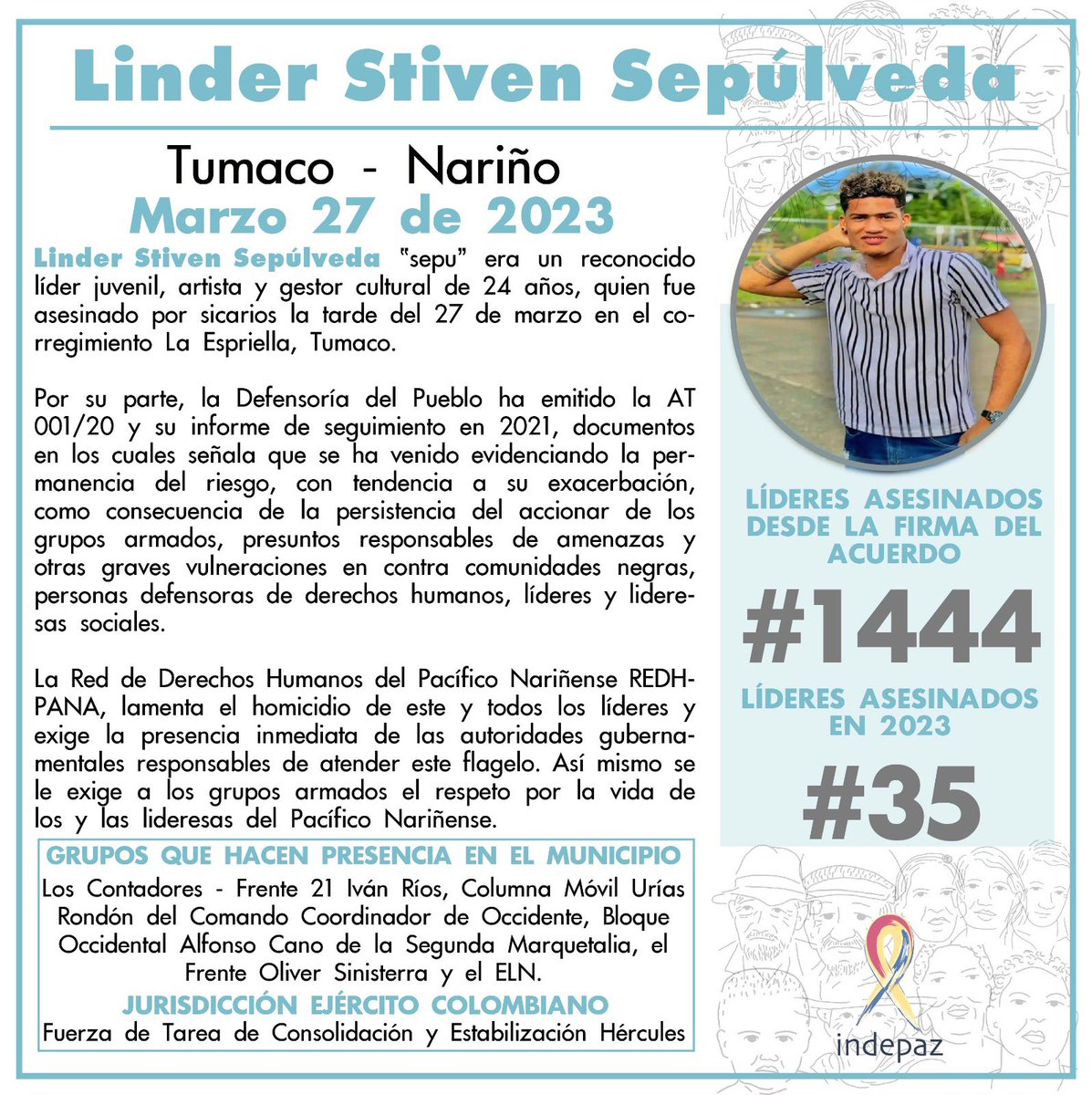 CabreratCom's tweet photo. Linder Stiven Sepúlveda es el segundo líder social asesinado en Tumaco en menos de 24 horas. Lamento y condeno el derramamiento de sangre de quienes llevan procesos de liderazgo en el territorio. Esto no puede seguir así.

Infografía: @Indepaz https://t.co/2lT4U4v8BD