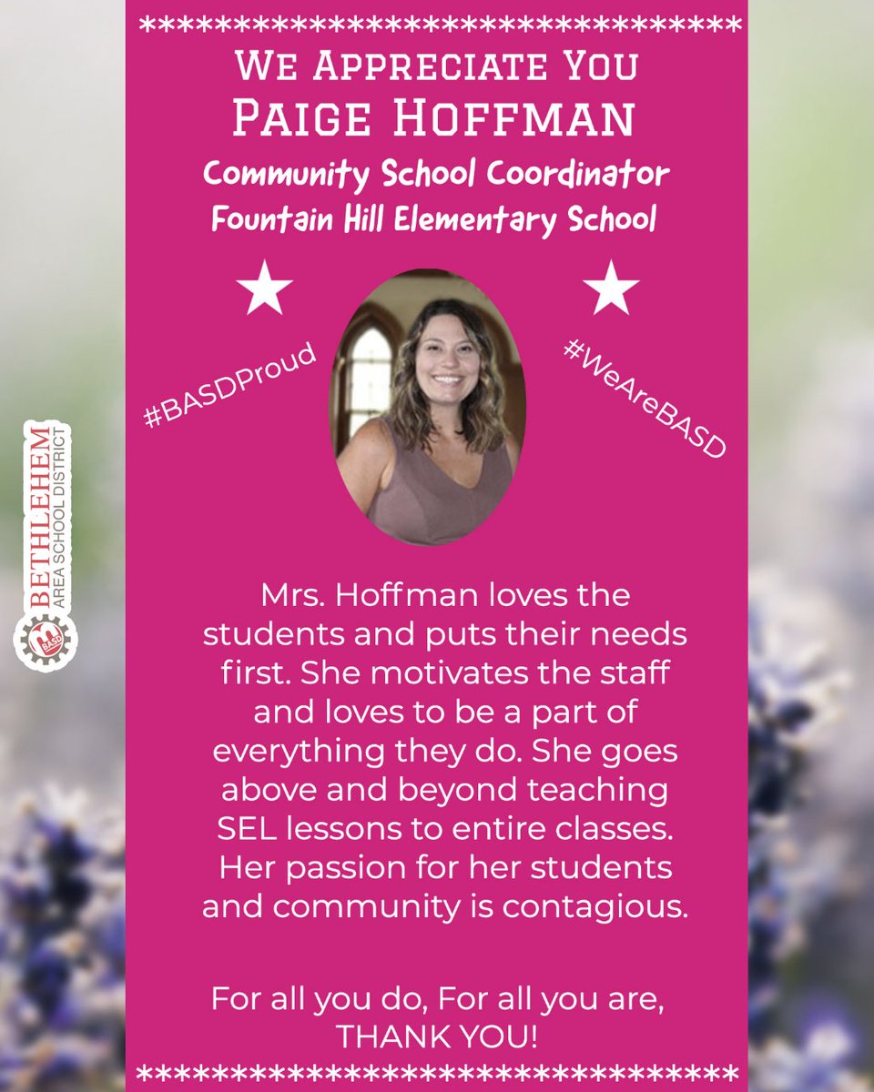 Our Highlighted Staff Member of the Week is Paige Hoffman, Community School Coordinator at Fountain Hill Elementary! 

Read more in this week's BASD eNews: express.adobe.com/page/D8Kf1l9I6…

#basdproud <a href="/BASDFtHill/">Fountain Hill Elementary School</a>