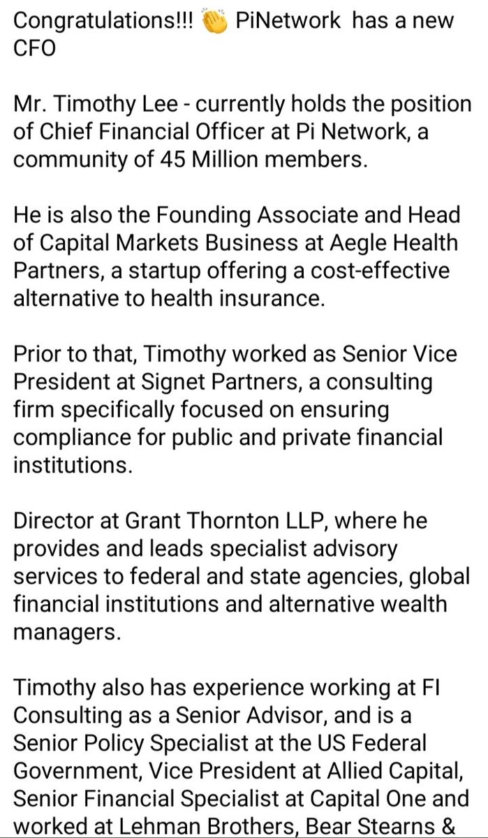A2zboss's tweet photo. The CFO of #PiNetwork has just been appointed by PiCoreTeam #TimothyLee ๐ฅ
Timothy Lee ๐
Director of Finance
Pi Network
Mar 2023 - Now 1 Month
Arlington, Virginia, United States
Director of Finance for Pi Network, a mobile-first DeFi community.
#pinetwork #piqueenreal #pi https://t.co/SOkjx0MKPL