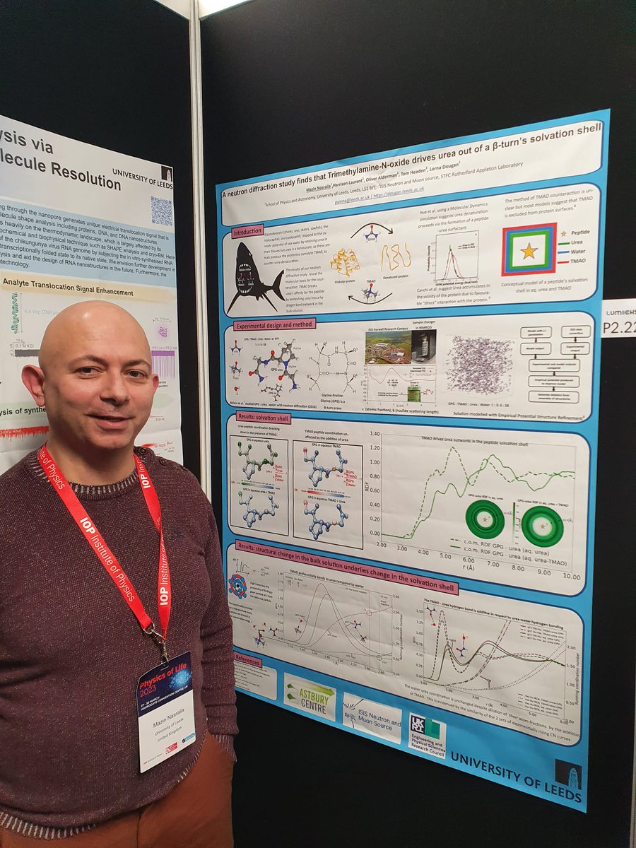 Well done to Mazin Nasralla for presenting his neutron diffraction studies of protecting and denaturing osmolytes to reveal atomistic insight into their action on biomolecules at Physics of Life UK

#PoL2023 #TeamExtreme