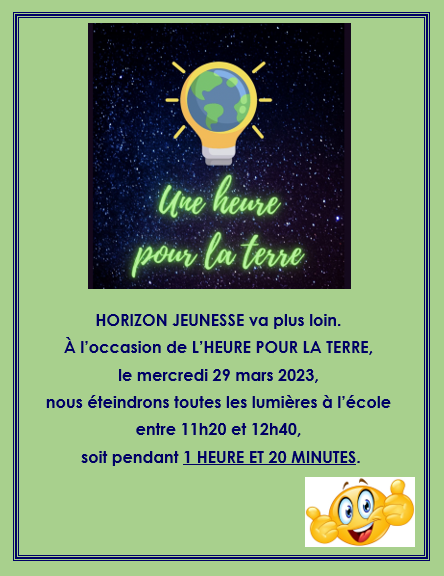 HOJE_csviamonde's tweet photo. École élémentaire Horizon Jeunesse #UNE HEURE POUR LA TERRE@csviamonde.ca https://t.co/X9TeV9W2aR