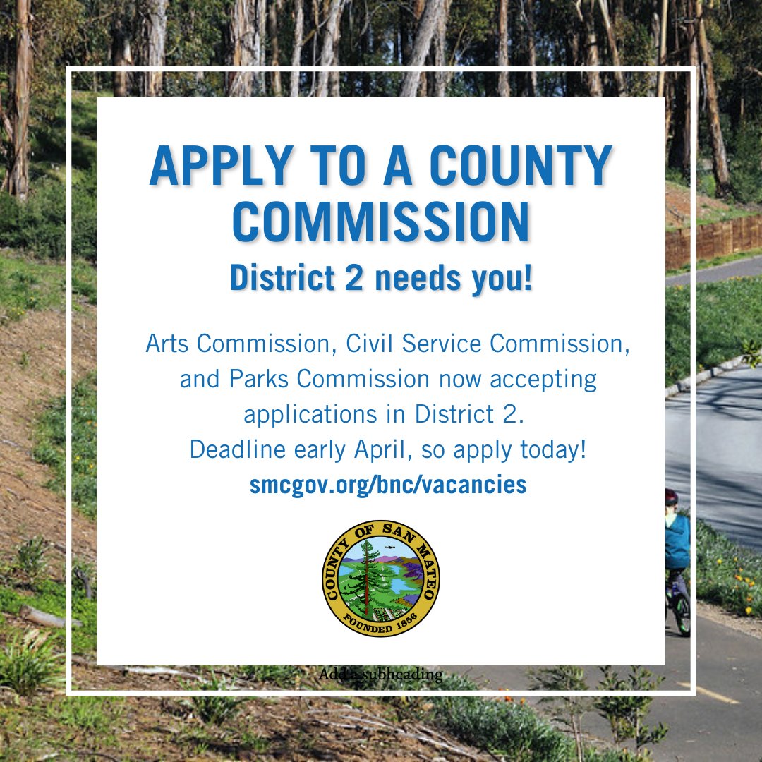 District 2 has vacancies on 3 commissions: Arts, Civil Service, and Parks. Applying for one of these commissions is a great opportunity to share your skills and contribute to our community. smcgov.org/bnc/vacancies #sanmateocounty #smcdistrict2 #smcarts @SMCParks