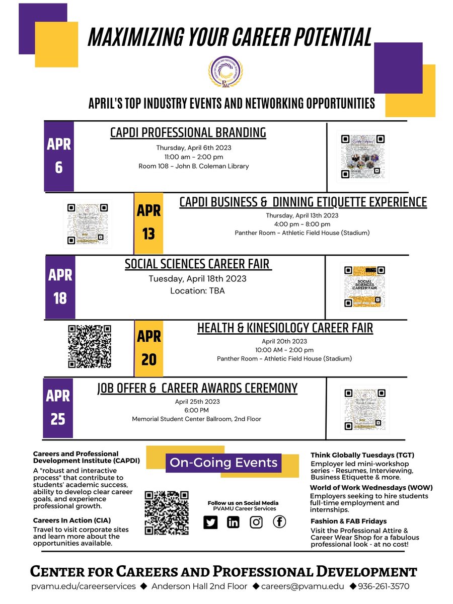 MAXIMIZING YOUR CAREER POTENTIAL
THIS APRIL! 
CHECK OUT THE SCHEDULE OF EVENTS COMING UP AT PVAMU 
<a href="/PVAMU/">Prairie View A&M</a>