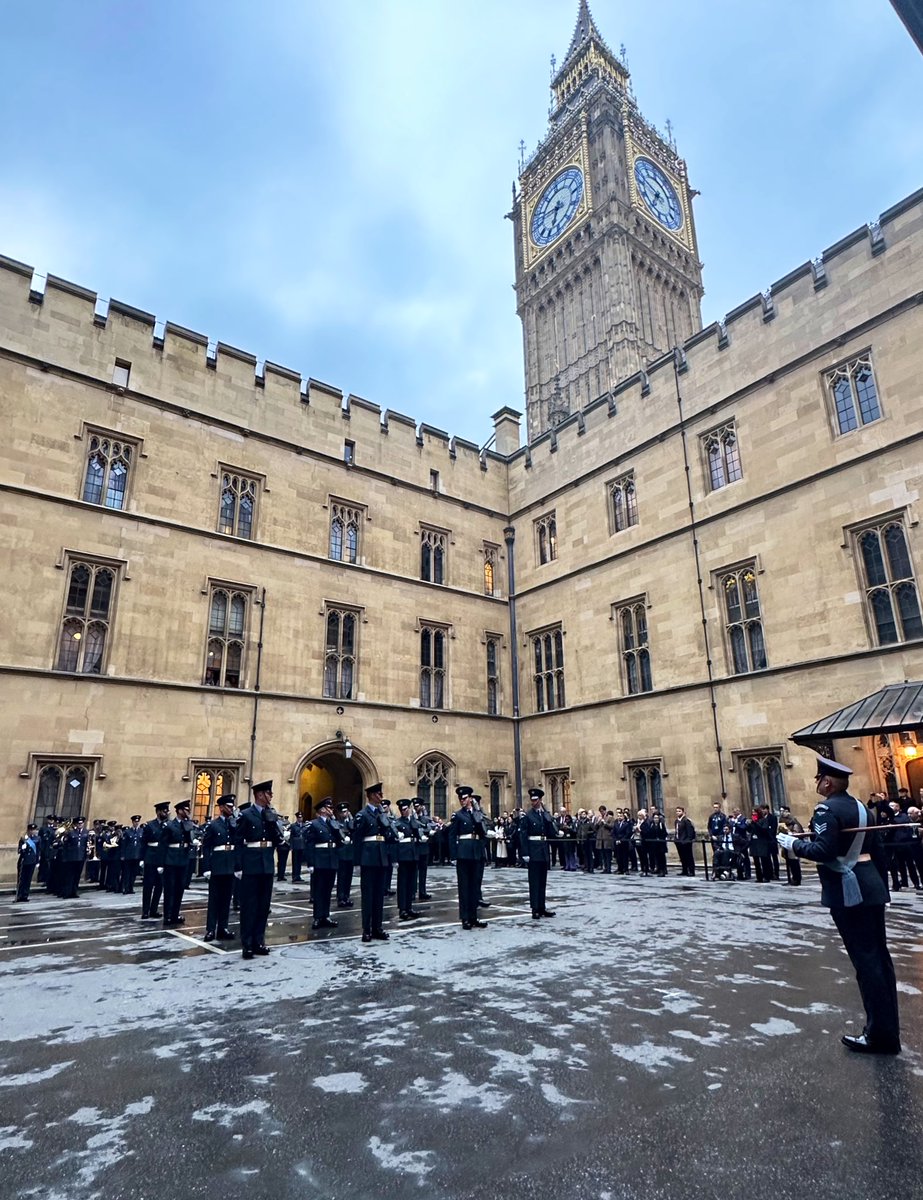 StephenMorganMP's tweet photo. Pleasure to hear and watch The King's Colour Squadron - the ceremonial unit for the RAF - and the Central Band of @RoyalAirForce in Speaker's Court tonight https://t.co/zfiOYvMWA0