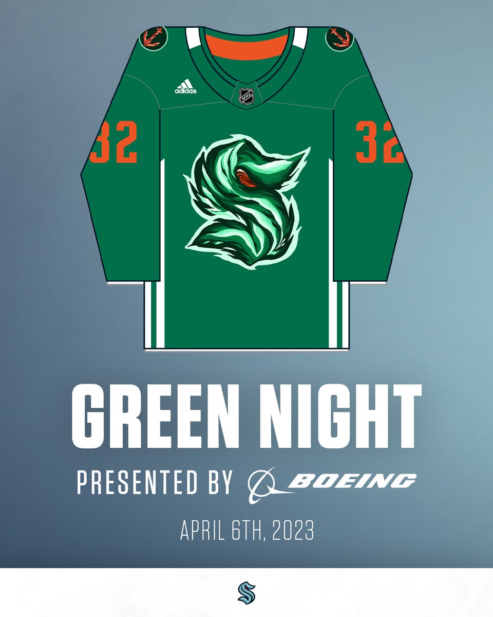 SeattleKraken's tweet image. On April 6, we’re celebrating the natural beauty of our home on Green Night, pres. by @Boeing 🌲

Designed by local muralist Angelina Villalobos, the #SeaKraken will wear speciality warm-up jerseys that highlight the power of nature and clean energy found in the PNW.