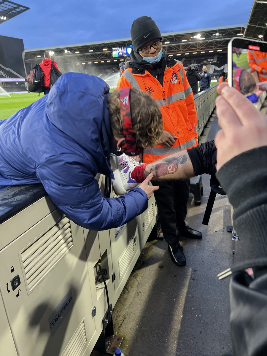 BroadcastMoose's tweet photo. Harvey Elliott was magnificent with the fans, signing shirts, programmes and even a fan’s tattoo of him on his leg - what a great guy Harvey is https://t.co/6y8OuN6F1i