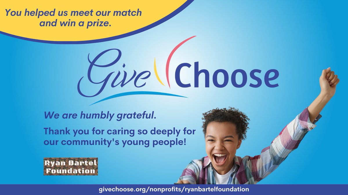 Thank you to everyone for helping us meet our match and win a prize!
Donate: givechoose.org/nonprofits/rya…

Building resilient teens to prevent youth suicide.
#givechoose #givechoose2023 #ryanbartelfoundation #youthsuicideprevention