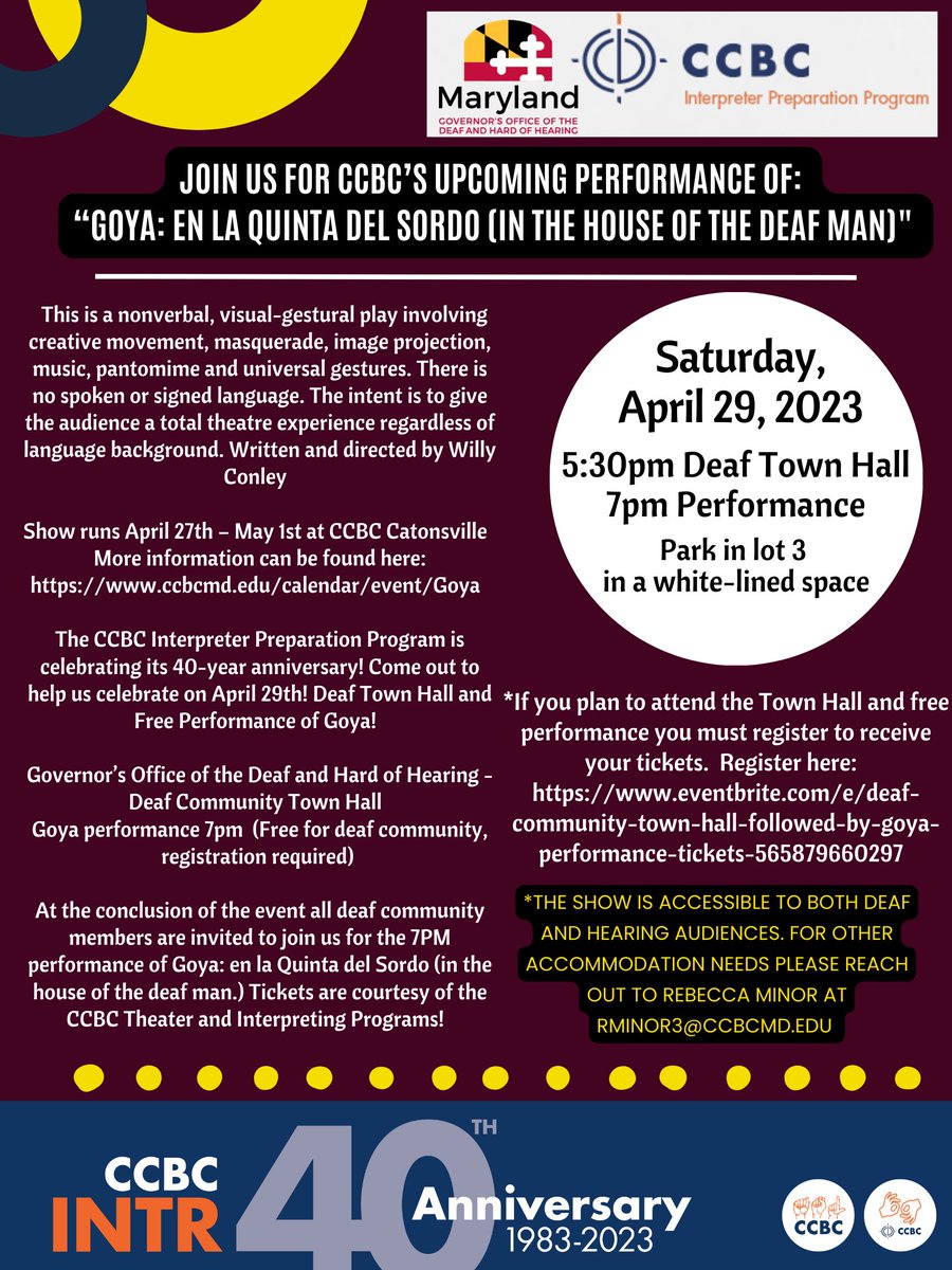 MDGOVODHH's tweet photo. On Saturday, April 29th, CCBC and GODHH will co-host the Deaf Community Town hall at 5:30 pm.
 
There will be a performance directed by Willy Conley at 7:00 pm, free for the Deaf and hard of hearing. Registration is required for the Deaf community with the free tickets. https://t.co/tb9d8gi3ww