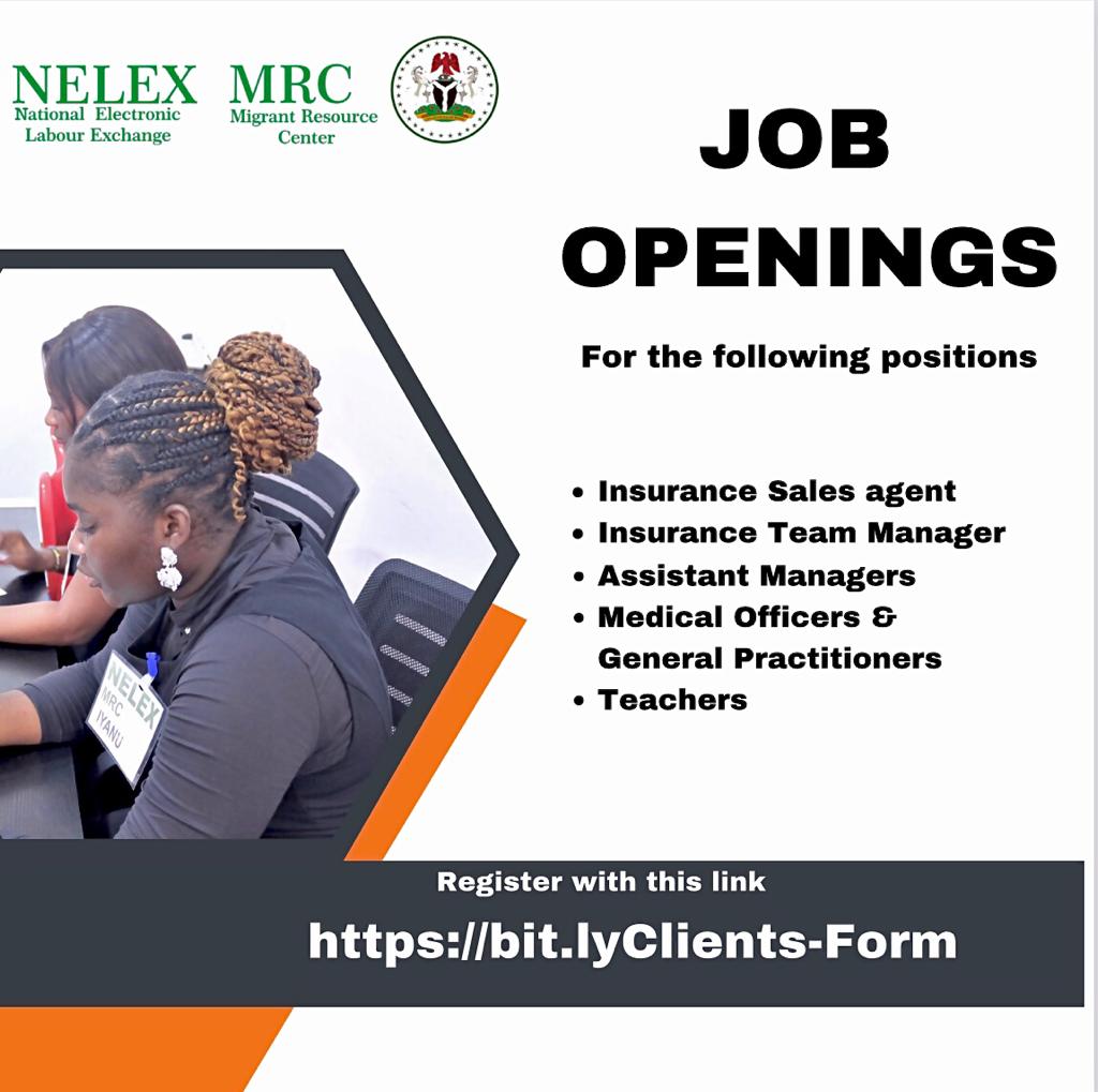 As part of our mandate to provide employment opportunities and engage  in job matching, below are some available vacancies.
Register with the link below:

bit.ly/Clients-Form

#mrclagos
#fmlenelex
#safemigration
#jobmatching
#careeropportunities 
#employment
#travelright