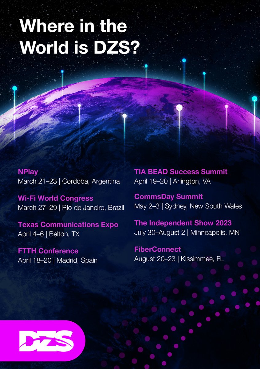 Zhone_Tech's tweet photo. The DZS team will be attending these events over the next month. ⬇️ 
Be sure to ask us about the ultimate #broadband subscriber experience. 

@wifinowevents @FTTHCouncilEU @TIAonline @ExpoSeguridad
#FTTH23 #BEADSuccessSummit! https://t.co/K95O0tmJ1O